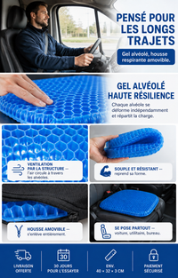 Coussin Bien Calé : gel alvéolé haute résilience, ventilation par la structure, housse amovible, livraison offerte et 30 jours pour l'essayer