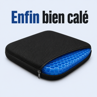 Coussin d'assise Bien Calé : housse noire en tissu maillé ouverte sur le gel alvéolé bleu